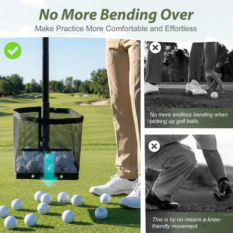 No Bend Golf Ball Picker Upper With Turf Friendly Design For Backyard Practice And Training Quick Ball Retrieval Large Capacity Holder Easy On The Lawn Classic Black in use on grass showing no-bend feature.
