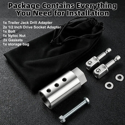 Heavy Duty Trailer Jack Drill Adapter Kit For One Inch Jack Drive Shafts With Dual Half Inch Socket Bits, components and accessories for installation.