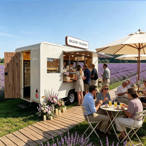 Built Different 18 Foot White Prefab Food Trailer For Catering Hustles Featuring Slick Service Windows in a lavender field.