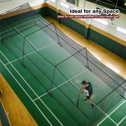 Indoor setup of Backyard Baseball Batting Cage With Net And Frame 30Ft Or 40Ft Size Pro Grade Heavy Duty Steel Frame in use
