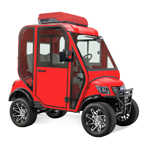 Rugged Electric Golf Cart Featuring True HVAC Heating And Climate Control 48V Ac Motor Smooth Handling Chassis glossy red exterior