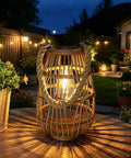 Outdoor Solar Rattan Lantern With Handle For Hanging Or Table Use, Cozy Chill Edison Bulb Glow At Night On Patio Table