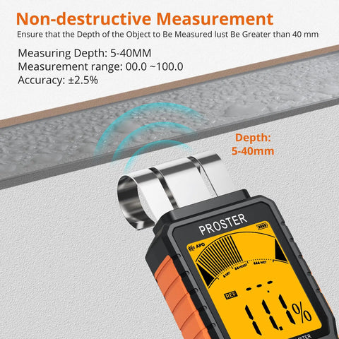 Rechargeable Moisture Meter With Five Modes Pinless 40mm Depth For Walls Floors And Ceilings Do It Yourself Friendly Non Destructive Moisture Testing In Concrete Cement Plaster And Wood showing 5-40mm depth on a wall