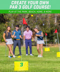 Yard Links Backyard Golf Game Outdoor Chipping Set For Family Fun And Your Crew Easy To Learn On The Lawn Beach Or Park Build A 3 Hole Course Includes 3 Buckets 3 Flags 3 Tee Markers 4 Golf Balls Scorecard And Carry Case, 3-hole course with flags