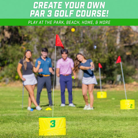Yard Links Backyard Golf Game Outdoor Chipping Set For Family Fun And Your Crew Easy To Learn On The Lawn Beach Or Park Build A 3 Hole Course Includes 3 Buckets 3 Flags 3 Tee Markers 4 Golf Balls Scorecard And Carry Case, 3-hole course with flags