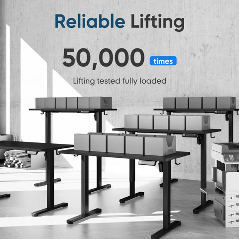 Electric Height Adjustable Standing Desk 48 By 24 Inches With Ergonomic Sit Stand Design, tested lifting capacity in room.