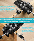 Self Centering Dowel Jig Kit With 1/4 3/8 1/2 Drill Bushings for flawless woodworking joints, features position stop system and extension rod.