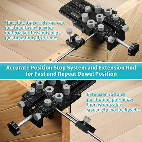 Self Centering Dowel Jig Kit With 1/4 3/8 1/2 Drill Bushings for flawless woodworking joints, features position stop system and extension rod.