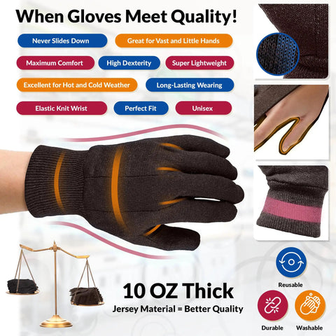 Unisex Brown Jersey Work Gloves 10 Inch Pack Of 24 Pairs Breathable Polyester Cotton Knit Wrist Reusable Washable Light Duty