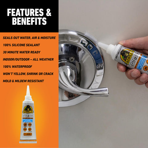 Go To 100 Percent Silicone Waterproof Caulk Sealant Clear 2.8 Oz Tube Fast Cure In Thirty Minutes Mold Resistant For Kitchen Window Bath Marine Door And Outdoor Use being applied to a metal fixture.