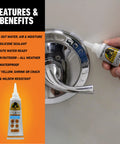 Waterproof Silicone Caulk And Sealant Clear 2.8oz Tube being applied to bathroom faucet, featuring product benefits.
