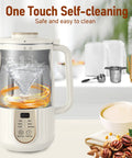 Automatic Nut Milk Maker For Homemade Almond Milk And Plant Based Milks Like Oat And Soy Yogurt With 5 Modes No Fuss 35 Oz Large Capacity Delayed Start Self Cleaning System with accessories and nuts visible.