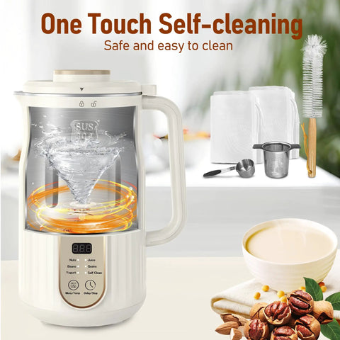 Automatic Nut Milk Maker For Homemade Almond Milk And Plant Based Milks Like Oat And Soy Yogurt With 5 Modes No Fuss 35 Oz Large Capacity Delayed Start Self Cleaning System with accessories and nuts visible.