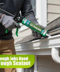 Person applying white gutter and seam sealant to roof gutter for weatherproofing and flexible bonding, ideal for roofs, gutters, and siding.