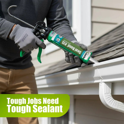 Person applying white gutter and seam sealant to roof gutter for weatherproofing and flexible bonding, ideal for roofs, gutters, and siding.