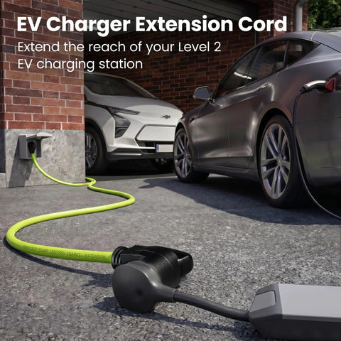 Hella Durable 15 Ft 50 Amp Extension Cord Tough As Nails Waterproof RV Charger Cable With NEMA 14 50 Plugs connected to EV.
