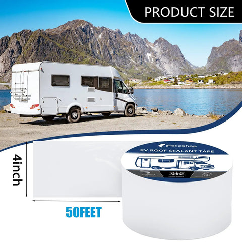 RV Roof Seal Tape White 4 Inch By 50 Feet Self Adhesive Butyl Roof Sealant roll with RV background, product size shown