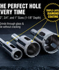 Heavy Duty 3 Piece Diamond Hole Saw Set For Porcelain Ceramic Tile And Glass Smooth Cutting Drill Bits in 1/2, 3/4, 1 inch sizes.