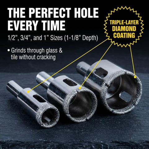 Heavy Duty 3 Piece Diamond Hole Saw Set For Porcelain Ceramic Tile And Glass Smooth Cutting Drill Bits in 1/2, 3/4, 1 inch sizes.