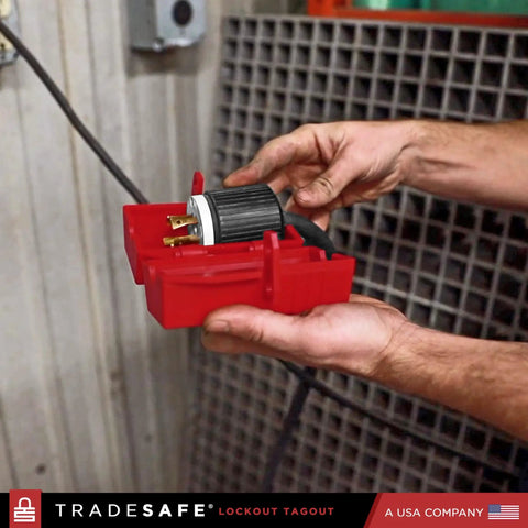 Person using Industrial Grade Heavy Duty Plug Lockout Device for Lockout Tagout, securing plug in red nonconductive polypropylene case.