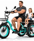 Electric Tricycle For Adults With Passenger Seat And 1350W Peak Power Ride Ready 48V 15.6Ah Two Seater E Trike Front And Rear Baskets Rear Differential Teal Color with man and child
