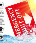 2 Pack Aluminum Emergency Shut Off Sign With Down Arrow Reflective Weatherproof Rust Free Safety Sign For Doors And Walls Compliant And Easy To Install 10x7 Inches Red with water splash to show waterproof feature.
