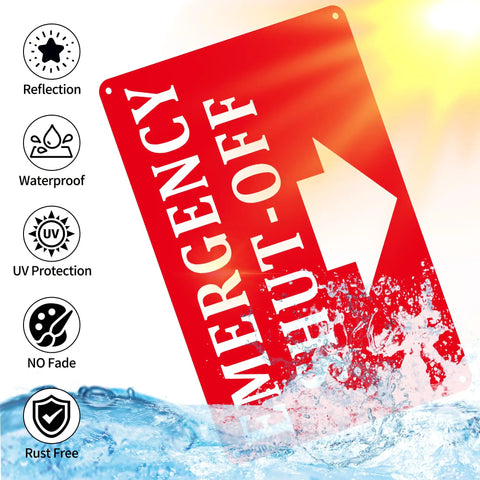 2 Pack Aluminum Emergency Shut Off Sign With Down Arrow Reflective Weatherproof Rust Free Safety Sign For Doors And Walls Compliant And Easy To Install 10x7 Inches Red with water splash to show waterproof feature.