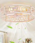 20Inch Caged Low Profile Ceiling Fan With Integrated Light And Remote Control In Refined White Gold Finish, illuminating a cozy room.
