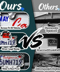 Comparison of chrome palm tree license plate frame with 4 silver screw caps heavy duty zinc alloy vs competitor, focus on screws, design, and durability differences.