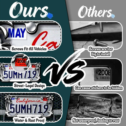 Comparison of chrome palm tree license plate frame with 4 silver screw caps heavy duty zinc alloy vs competitor, focus on screws, design, and durability differences.