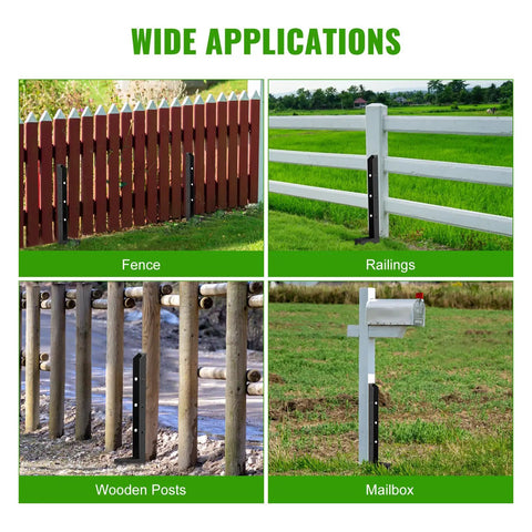 Displaying wide applications of Heavy Duty Fence Post Repair Kit 2 Inch Width Ground Spike Anchor, including fences and railings.