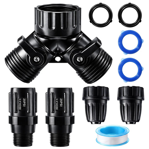 All In One Drip Irrigation Starter Kit With A Two Way Y Splitter, Includes Two 25 PSI Garden Hose Regulators, Tubing and Faucet Adapters