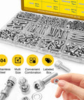 Top Shelf M4 Hex Socket Screw Assortment Kit With 490 Metric Sizes From Six To Thirty Millimeters in a labeled box with stainless steel screws.