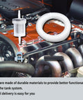 Road Ready 16.4 Feet Diesel Heater Fuel Line Kit Featuring Inline Filter Connecting Hoses And Brass Clamps For Rv Camper Truck Rig Quick Swap Installation, featuring fuel filter and clear hose on engine.