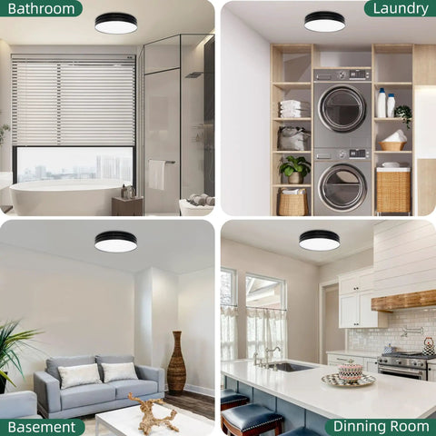 Ceiling light fixture in bathroom, laundry, basement, and dining room settings, highlighting multi-room versatility.