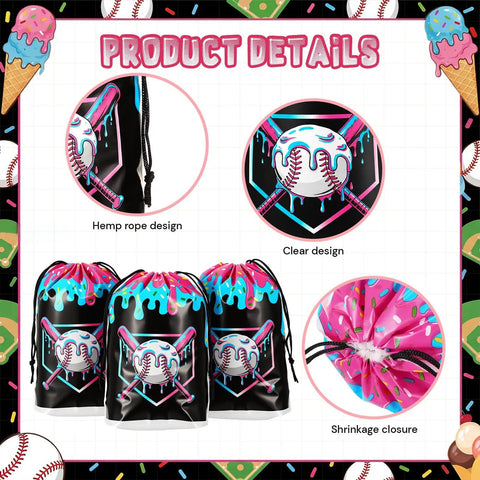 Ice Cream Drip Baseball Drawstring Bags 48 Pack 6x8 Inch Waterproof Gift Bags For Team Parties Baseball Party Favors
