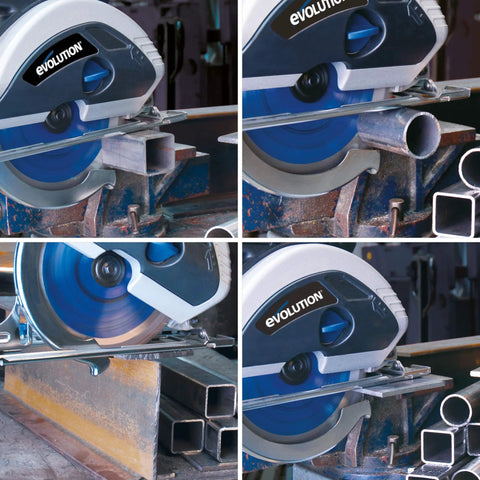Close-up of circular saw with BLADEST 9 Inch Steel Cutting Saw Blade with 48 Teeth cutting through metal pipes and sheets.