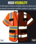 Boss Level High Visibility Reflective Safety Vest For Men And Women Featuring Long Sleeves And Storage Pockets Meets Ansi Class 3 Standards In Bright Orange with reflective strips for day and night use.