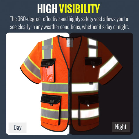 Boss Level High Visibility Reflective Safety Vest For Men And Women Featuring Long Sleeves And Storage Pockets Meets Ansi Class 3 Standards In Bright Orange with reflective strips for day and night use.