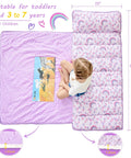 Toddler Nap Mat With Pillow And Blanket For Daycare And Preschool, Extra Large Rolled Napping Mat For Travel And Camping, Super Soft Fleece Minky Sleep Mat For Boys And Girls, Rainbow Colors with child sitting on it