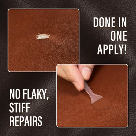Leather And Vinyl Repair Kit For Car Seats And More All In One With 10 Pigments For Dope Color Matching Easy Instructions To Restore Faux Leather Pleather And Genuine Leather No Experience Needed showing repair process.
