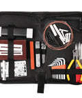 72 Piece All In One Guitar Tool Kit For Repair And Maintenance with carry bag, bridge pins, strings, files, wrenches visible