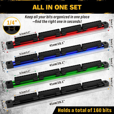 4 Piece Magnetic Slidable Drill Bit Holder With 160 Hole Storage And Strong Magnetic Rail Rubber Bottom Protects Surfaces
