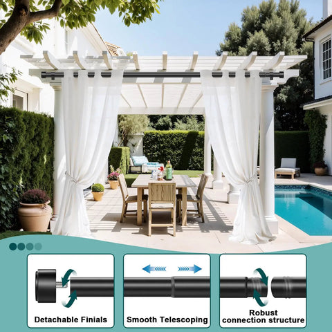Heavy Duty Adjustable Curtain Rod For Windows 72 To 144 Inch 1 Inch Diameter Black over outdoor pergola with drapes