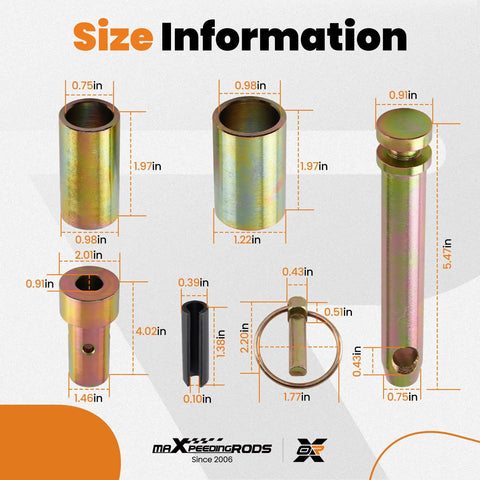 Heavy Duty Quick Hitch Adapter Bushing Kit For Category 1 Tractors With Top Link Pin And Lynch Pin, Galvanized Steel parts dimensions