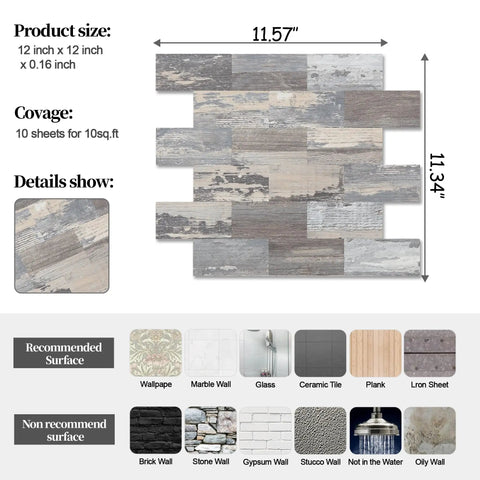 New Upgrade Peel And Stick Backsplash Tiles Light Rustic Wood Grain 11.34 By 11.57 Inches 0.16 Inch Thick 10 Packs layout with size details