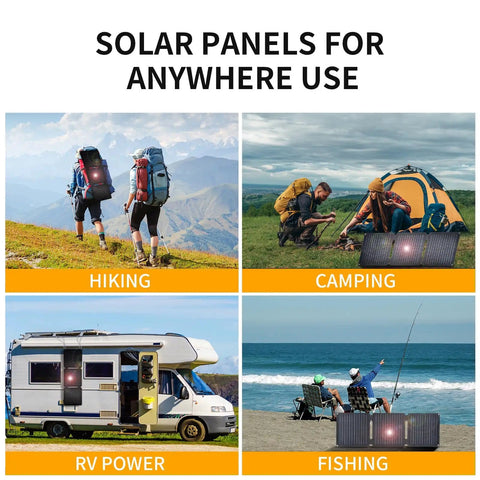 Foldable 30W Solar Panel Charger For Camping And Hiking with IP65 waterproof ETFE panel in various outdoor uses.
