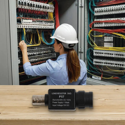 50 Ohm BNC Male to Female Adapter With 1 Watt Dummy Load Resistor, DC to 1 GHz RF Signal Testing Accessory in use by technician