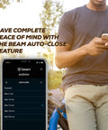 Person using a phone with a garage door control app next to text highlighting auto-close feature