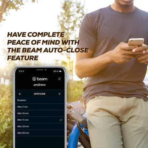 Person using a phone with a garage door control app next to text highlighting auto-close feature